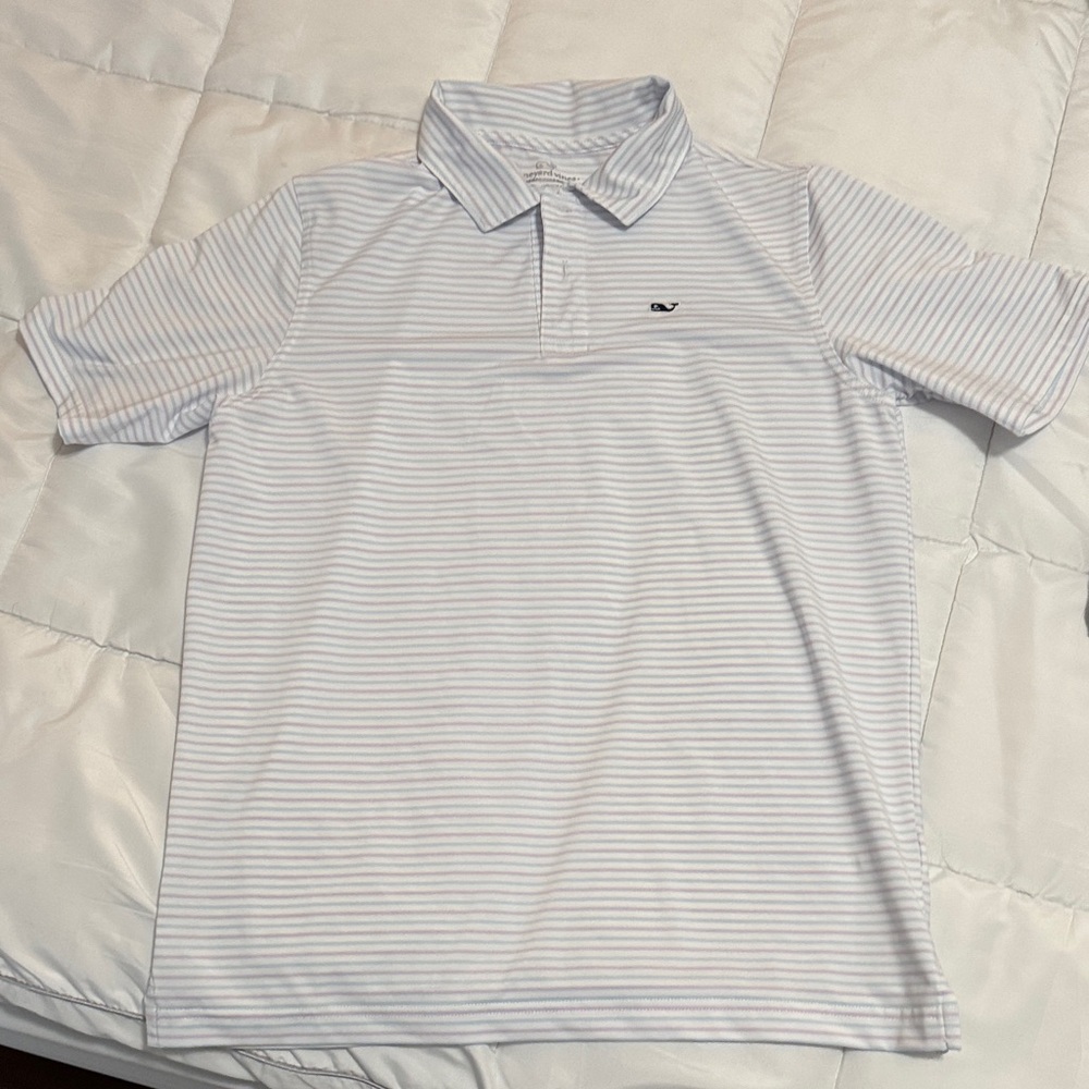 Vineyard Vines White Polo with Light Blue Stripes
